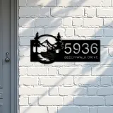 Custom Metal Boat on River Mountain Forest Wild Scene Metal Address Sign House Number Hanging Address Plaque Yard Sign Outdoor Sign