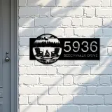 Custom Metal Forest Camping with Chairs and Fire Scene Metal Address Sign, House number, Outdoor Number Signage, Yard Sign Address Plate