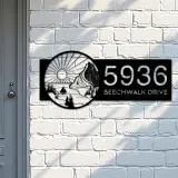Custom Metal Sun mountain river scene Metal Address Sign, House number, Outdoor Number Signage, Yard Sign Address Plate