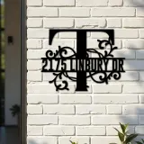 Custom Metal Floral Monogram Split Letter T Metal Address Sign House number Hanging Address Plaque Yard Sign Outdoor decor