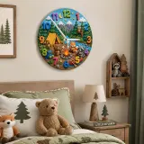 Wanduhr mit Camping-Tieren für Kinderzimmer | Wald-Bär-Dekoration für die Nursery, Geschenkidee für kleine Entdecker (34,5 cm)