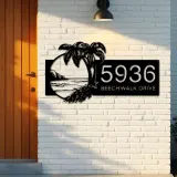 Custom Metal Island Beach Scene Palm Tree Metal Address Sign, House number, Outdoor Number Signage, Yard Sign Address Plate