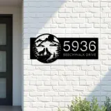 Custom Metal Howling Wolves on Cliff Mountains Metal Address Sign Custom House number Hanging Address Plaque Yard Sign Outdoor