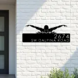 Custom Metal Swimmer Swimming pool summer sport Metal Address Sign, House number, Outdoor Number Signage, Yard Sign Address Plate