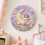 Magische Fee auf dem Mond Wanduhr für Kinderzimmer | Pastellblumen Dekor für das Kinderzimmer, Verspieltes Geschenk für Mädchen (34,5 cm)