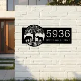 Custom Metal Leafy Tree and Couple Elephants Metal Address Sign, House number, Outdoor Number Signage, Yard Sign Address Plate