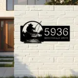 Custom Metal Fisherman in boat fishing Metal Address Sign, House number, Outdoor Number Signage, Yard Sign Address Plate