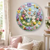 Wanduhr mit Frühlingsgarten und Hase für das Kinderzimmer | Pastellblumen und Schmetterlinge, Geschenk zur Babyparty und zum Geburtstag für Mädchen (34,5 cm)
