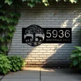 Custom Metal Leafy Tree and Couple Elephants Metal Address Sign, House number, Outdoor Number Signage, Yard Sign Address Plate