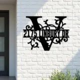 Custom Metal Floral Monogram Split Letter V Metal Address Sign House number Hanging Address Plaque Yard Sign Outdoor decor