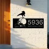 Custom Metal Raven on skull halloween Metal Address Sign, House number, Outdoor Number Signage, Yard Sign Address Plate