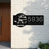 Custom Metal Semi truck on US flag trucker driver Metal Address Sign, House number, Outdoor Number Signage, Yard Sign Address Plate