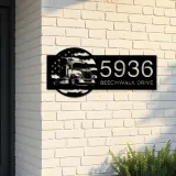 Custom Metal Semi truck on US flag trucker driver Metal Address Sign, House number, Outdoor Number Signage, Yard Sign Address Plate