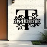 Custom Metal Floral Monogram Split Letter T Metal Address Sign House number Hanging Address Plaque Yard Sign Outdoor decor