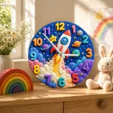 Cute Space Rocket Kids Room Wall Clock