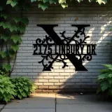 Custom Metal Floral Monogram Split Letter X Metal Address Sign House number Hanging Address Plaque Yard Sign Outdoor decor
