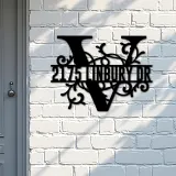 Custom Metal Floral Monogram Split Letter V Metal Address Sign House number Hanging Address Plaque Yard Sign Outdoor decor