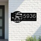 Custom Metal Semi truck on US flag trucker driver Metal Address Sign, House number, Outdoor Number Signage, Yard Sign Address Plate