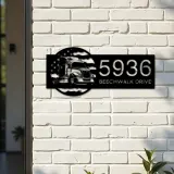 Custom Metal Semi truck on US flag trucker driver Metal Address Sign, House number, Outdoor Number Signage, Yard Sign Address Plate