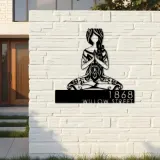 Custom Metal Yoga Girl in hippie style Metal Address Sign, House number, Outdoor Number Signage, Yard Sign Address Plate