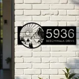 Custom Metal Sun mountain river scene Metal Address Sign, House number, Outdoor Number Signage, Yard Sign Address Plate
