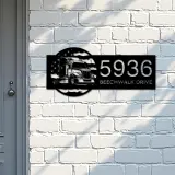 Custom Metal Semi truck on US flag trucker driver Metal Address Sign, House number, Outdoor Number Signage, Yard Sign Address Plate