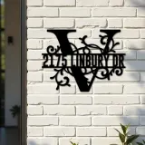 Custom Metal Floral Monogram Split Letter V Metal Address Sign House number Hanging Address Plaque Yard Sign Outdoor decor