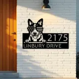 Custom Metal Blue heeler dog US flag glasses Metal Address Sign House number Hanging Address Plaque Yard Sign Outdoor decor
