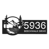Custom Metal Boat on River Mountain Forest Wild Scene Metal Address Sign House Number Hanging Address Plaque Yard Sign Outdoor Sign