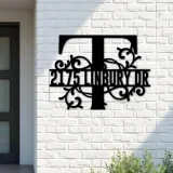 Custom Metal Floral Monogram Split Letter T Metal Address Sign House number Hanging Address Plaque Yard Sign Outdoor decor