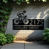 Custom Metal Cyclist biker Metal Address Sign, House number, Outdoor Number Signage, Yard Sign Address Plate