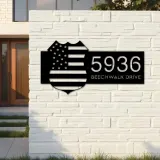 Custom Metal Police badge American Flag Patriotic Metal Address Sign, House number, Outdoor Number Signage, Yard Sign Address Plate