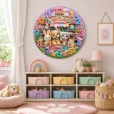 Reloj de pared para niños con animales de la tienda de mascotas | Decoración de guardería con cachorro y gatito en arcoíris pastel, regalo de cumpleaños para niños (34.5 cm)