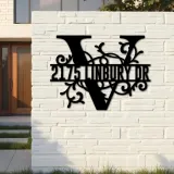 Custom Metal Floral Monogram Split Letter V Metal Address Sign House number Hanging Address Plaque Yard Sign Outdoor decor