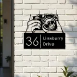 Custom Metal Hands holding camera photography Metal Address Sign, House number, Outdoor Number Signage, Yard Sign Address Plate