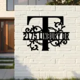 Custom Metal Floral Monogram Split Letter T Metal Address Sign House number Hanging Address Plaque Yard Sign Outdoor decor