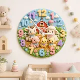 Verspielte Farmtiere Wanduhr für Kinderzimmer | Pastellfarbene Scheunen-Nursery-Dekoration, Einzigartiges Erinnerungsstück zur Babyparty (34,5 cm)