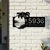 Custom Metal Island Beach Scene Palm Tree Metal Address Sign, House number, Outdoor Number Signage, Yard Sign Address Plate