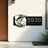 Custom Metal Marlin fishing rod bait hook Metal Address Sign, House number, Outdoor Number Signage, Yard Sign Address Plate