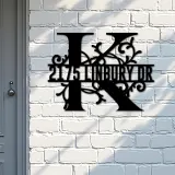 Custom Metal Floral Monogram Split Letter K Metal Address Sign House number Hanging Address Plaque Yard Sign Outdoor decor
