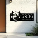 Custom Metal Boat on River Mountain Forest Wild Scene Metal Address Sign House Number Hanging Address Plaque Yard Sign Outdoor Sign