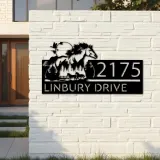 Custom Metal Running horse mountain forest scene Metal Address Sign, House number, Outdoor Number Signage, Yard Sign Address Plate
