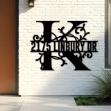 Custom Metal Floral Monogram Split Letter K Metal Address Sign House number Hanging Address Plaque Yard Sign Outdoor decor
