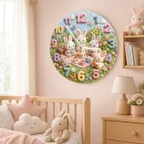 Pastell Hase Tee-Party Wanduhr für Kinderzimmer | Waldtier Babyausstattung, Süßes Geschenk zum Geburtstag für Mädchen (34,5 cm)