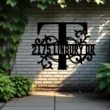 Custom Metal Floral Monogram Split Letter T Metal Address Sign House number Hanging Address Plaque Yard Sign Outdoor decor