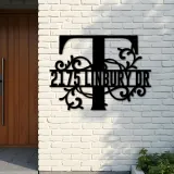 Custom Metal Floral Monogram Split Letter T Metal Address Sign House number Hanging Address Plaque Yard Sign Outdoor decor