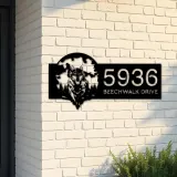 Custom Metal Wolf on full moon Metal Address Sign, House number, Outdoor Number Signage, Yard Sign Address Plate