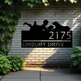 Custom Metal Boy reading book with dog Metal Address Sign, House number, Outdoor Number Signage, Yard Sign Address Plate