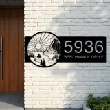 Custom Metal Sun mountain river scene Metal Address Sign, House number, Outdoor Number Signage, Yard Sign Address Plate