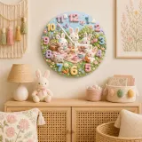Pastel Bunny Tea Party Kids Room Wall Clock